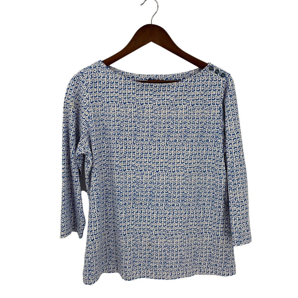 J.McLaughlin Blue White Geometric Print Boatneck Top 3/4 Sleeve Large